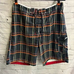 SPEEDO Men’s Large Swim Trunks Board Shorts Blue Red Yellow Plaid Pockets‎